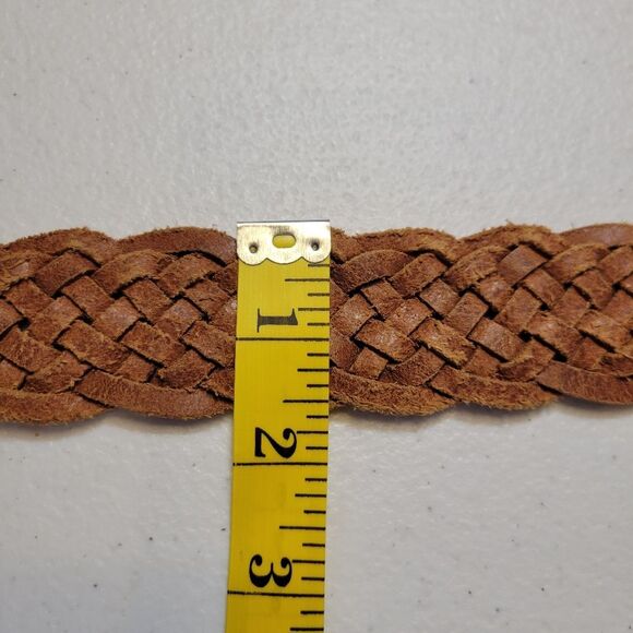 Buckle Braided Woven Tan Leather Belt with Decorative Brass Toned Buckle - Picture 12 of 14